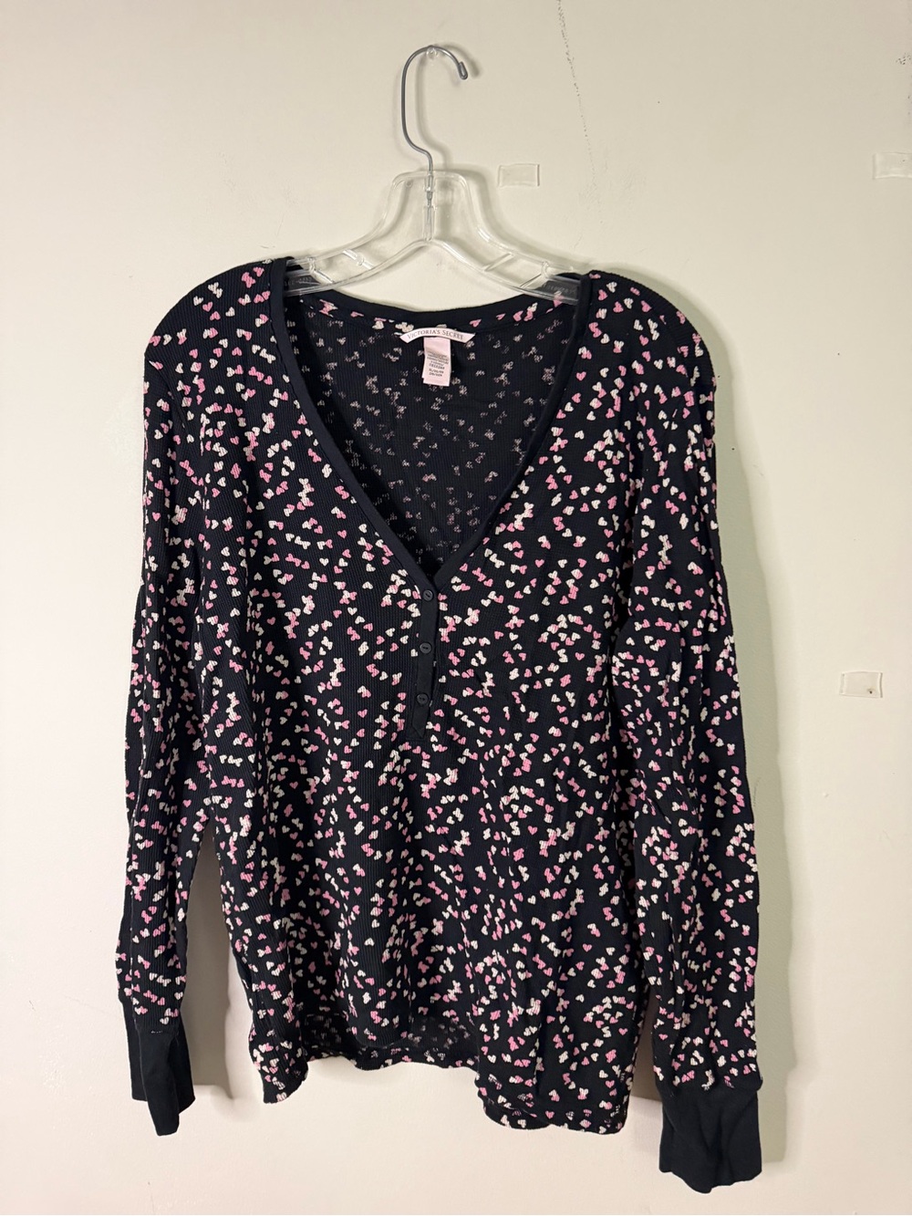 Victoria’s Secret Black V-Neck Button Cardigan with Pink & White Heart Print
